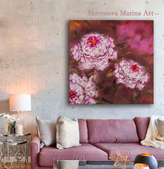 CURVY COUPLE - Set of 2 peony. Oil diptych of pale peonies on canvas. Two paintings with peonies. Double panel with peonies on the wall.