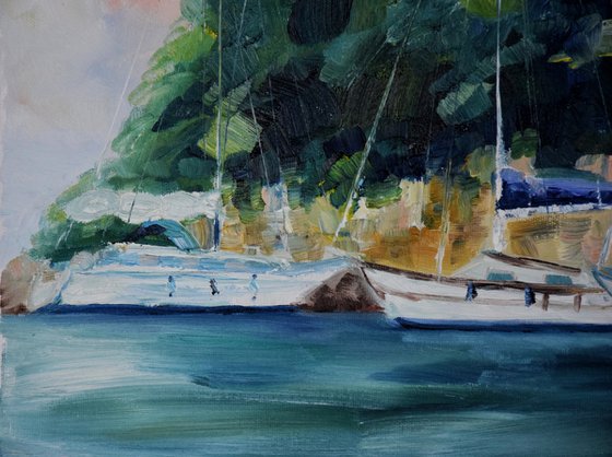 Ships oil painting, seascape original canvas art, Greece landscape artwork