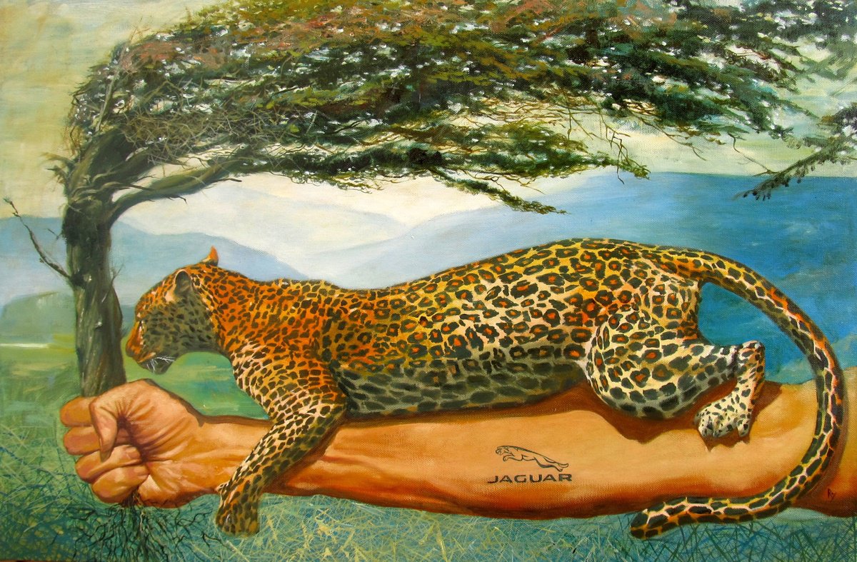 Surrealistic Abstract Oil Painting By Serhiy Roy, 34 X 22", Jaguar, Original Artwork