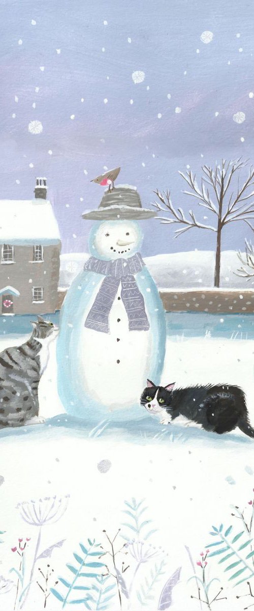 Cats with snowman by Mary Stubberfield