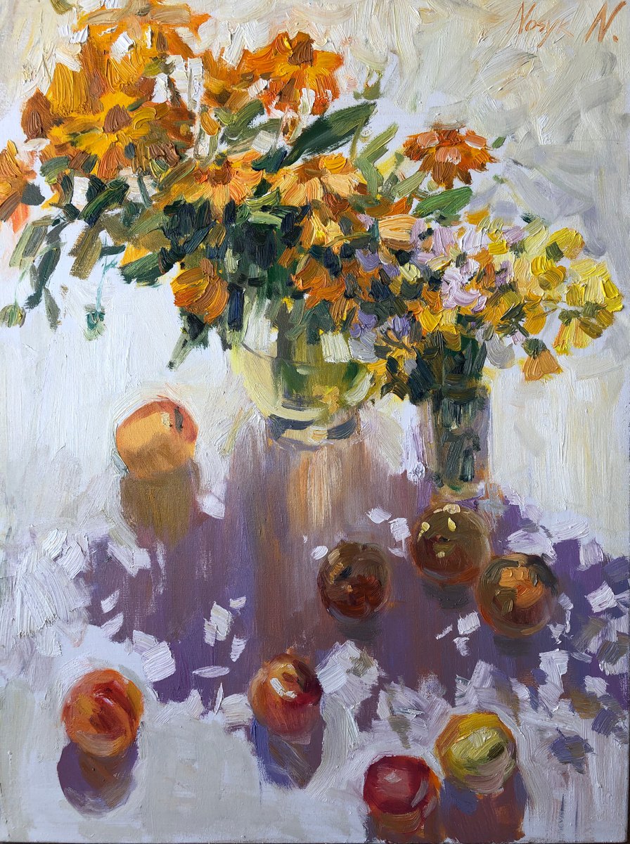 Wild flowers and apricots | Bouquet original oil painting by Nataliia Nosyk