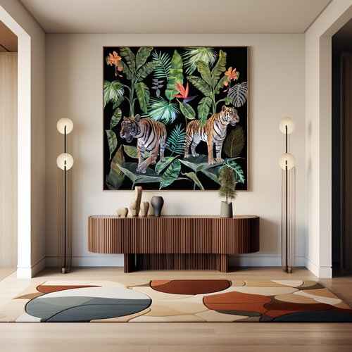 Jungle Heart Beat  - Two Tigers - Art-Deco - Organic Floral, XL LARGE PAINTING by Artemisia