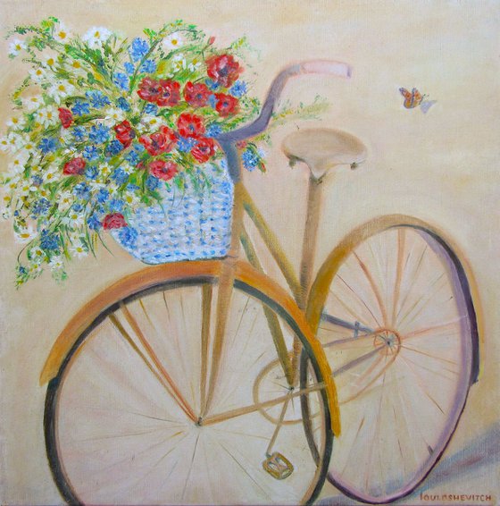 An old Countryside Bike Bicycle with Meadow Flowers Basket and a Butterfly Art Village Gift for Women