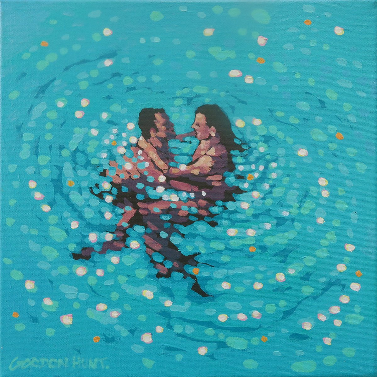 Impressionistic Portrait Acrylic Painting By Gordon Hunt, 12 X 12, Turquoise Swirl, Original Artwork