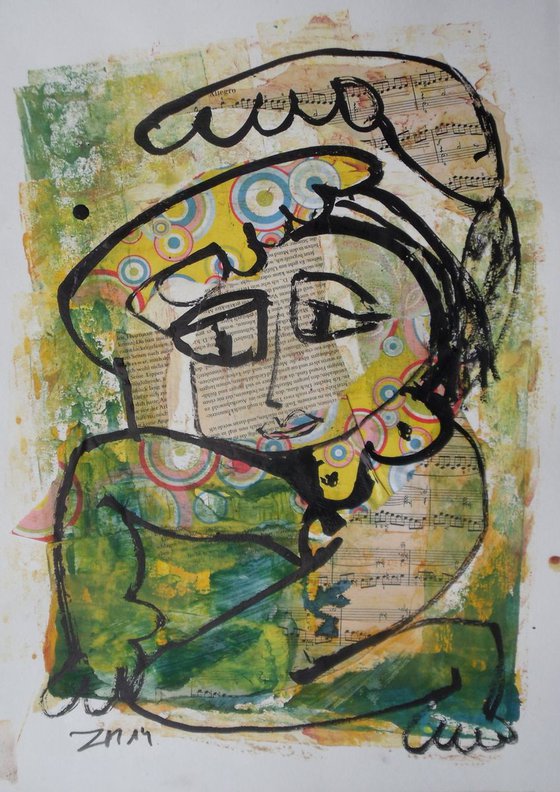 green  lady collage and gouache mixed media on paper 19,7 x 13,8 inch