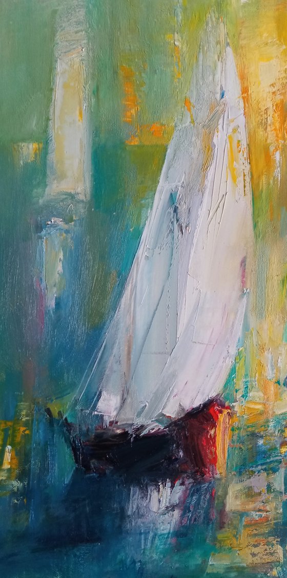 Boats (58x42cm, oil painting, ready to hang, impressionistic)