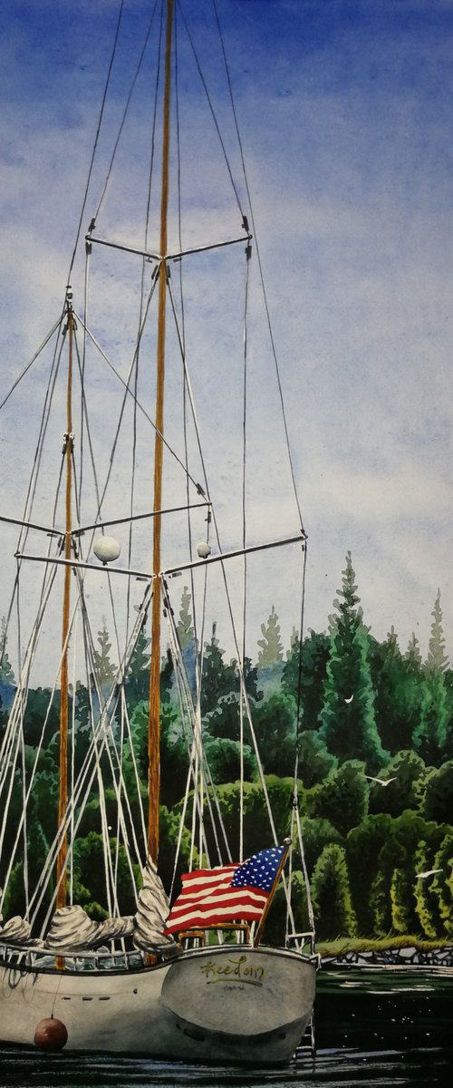 "Boat in the bay" 2021 Watercolor on paper 60x42 by Eugene Gorbachenko