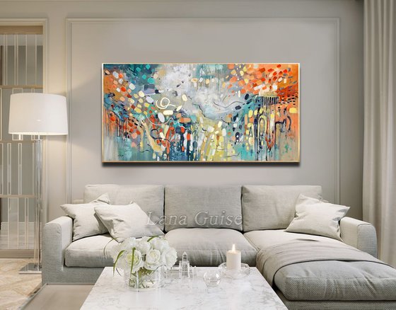 Rebirth - Abstract Painting 60" x 30" Large Abstract Gold Leaf Soft Colors White Gray Painting