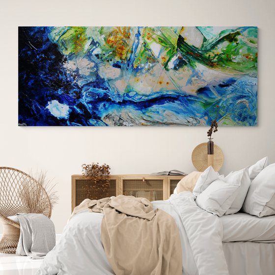 The Natural 240cm x 100cm Green Blue Cream Textured Abstract Art