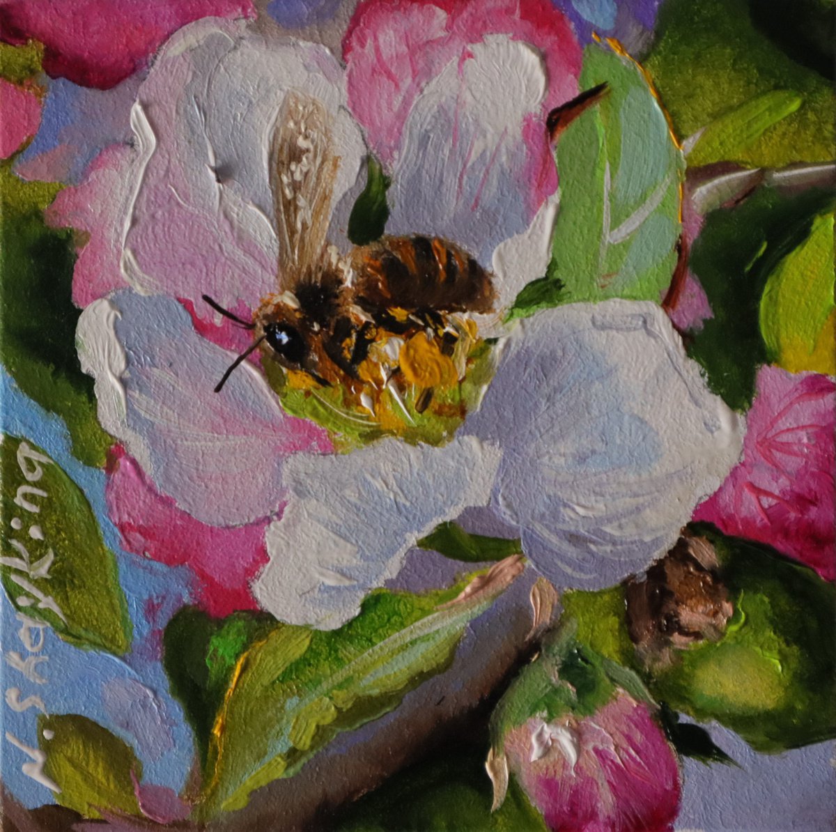 Original Painting of Bee, Artwork framed 4x4 (10x10 cm), Honey Bee Wall Art, Thank you gi... by Natalia Shaykina