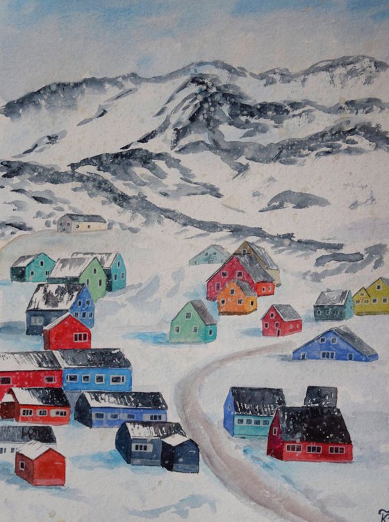 Greenland watercolor painting Winter mountains, snowy colorful houses