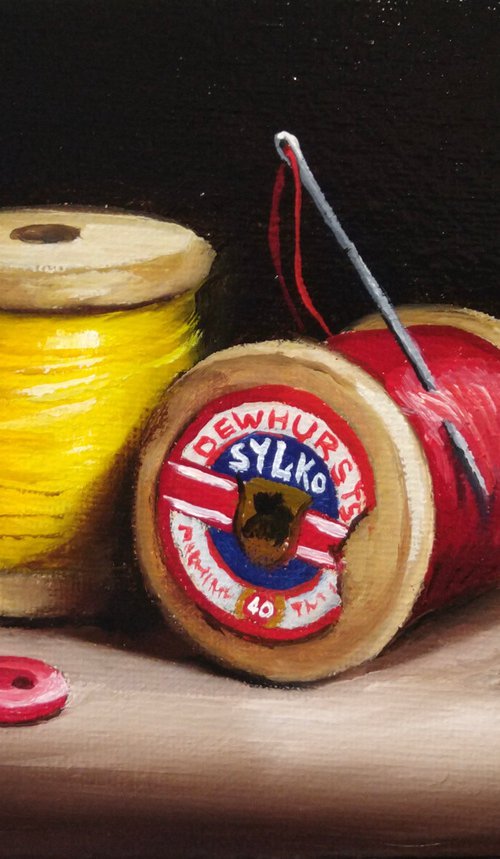 Vintage cotton reels with buttons still life by Jane Palmer Art