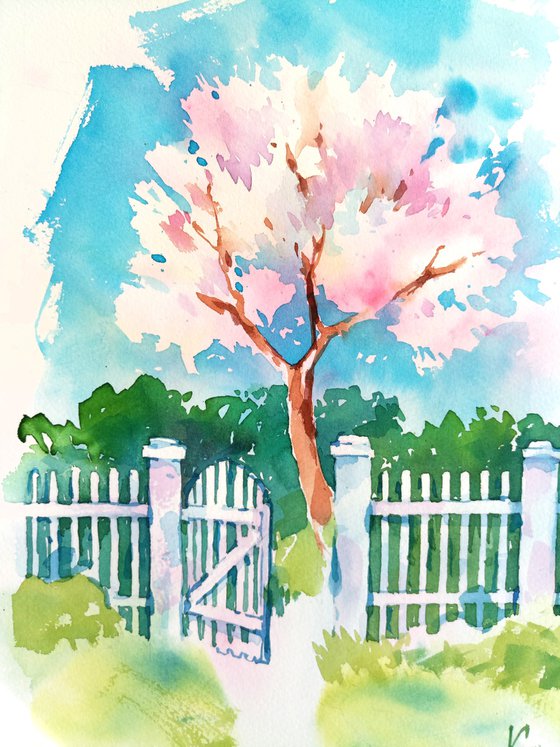Bright landscape "Spring. Blooming apricot tree behind a white garden fence" original watercolor painting