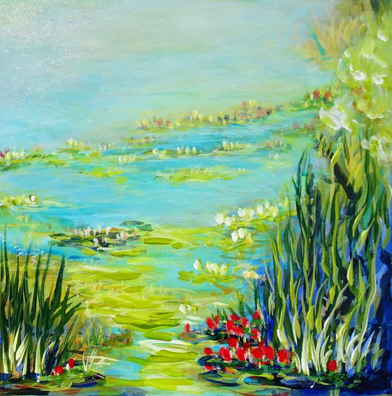 WATER LILY POND. WATER REFLECTIONS.  Modern Impressionism inspired by Claude Monet Water-lilies