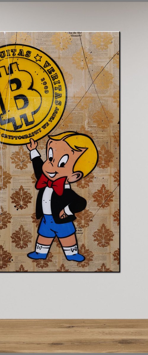 Bitcoin Features 140cm x 100cm Bitcoin Richie Rich Book Page Urban Pop Art by Franko