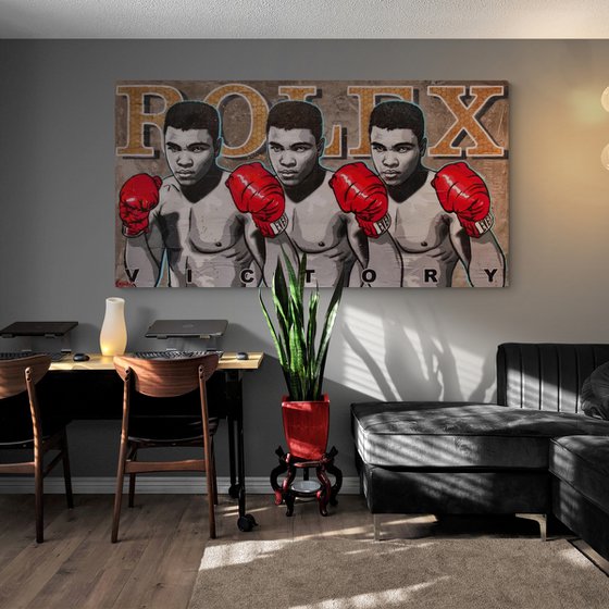 Seeing Triple 190cm x 100cm Muhammad Ali Concrete Textured Urban Pop Art