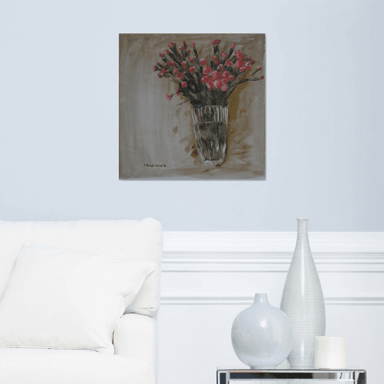 Pink flowers in the vase - PAINTING ORIGINAL OIL PAINTING HOME DECOR FLOWER ART LOVE PAINTING GIFT IDEA