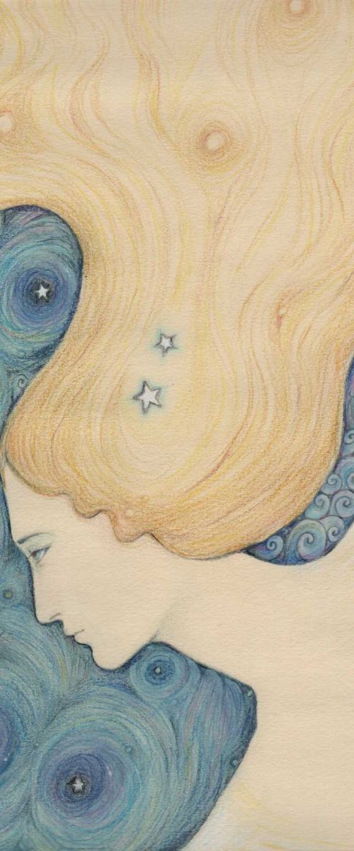 Night Skye coloured pencil art - drawing of the Goddess of Night by Liza Paizis