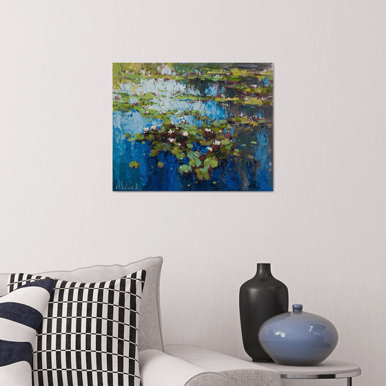 White Water Lilies - Pond flowers  Impasto Original Oil painting