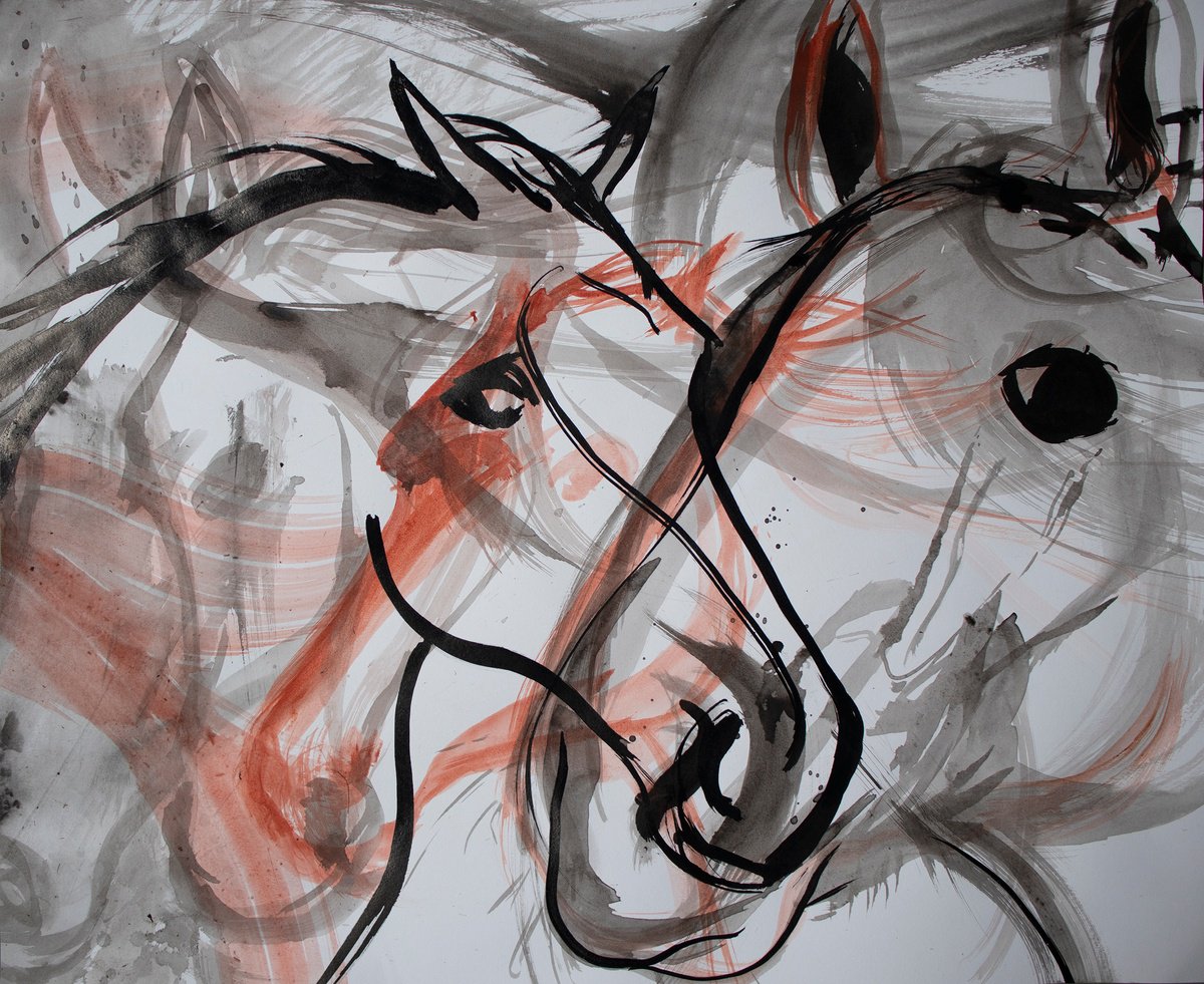 Dynamic heads of horses sketch by Ren Goorman