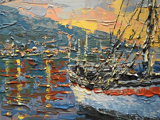 THE FISHING BOAT, palette knife oil on canvas, seascape  IMPASTO, modern impressionism