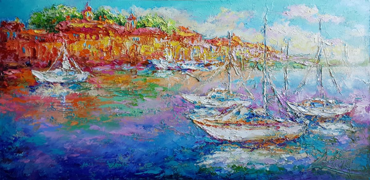 Painting landscape Yachts near the red island by Viktoria Lapteva
