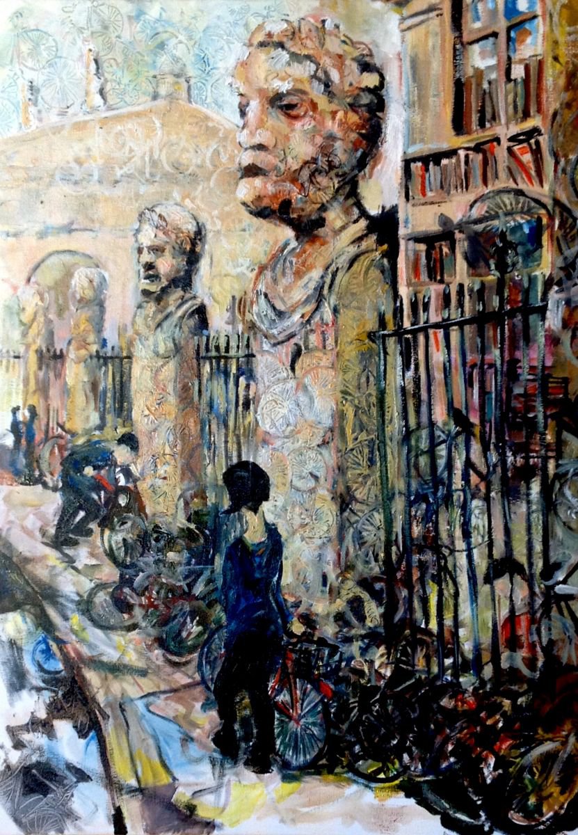 Expressive Cityscapes Painting By Chris Walker, 20 X 28, Bikes Phd, Original Artwork