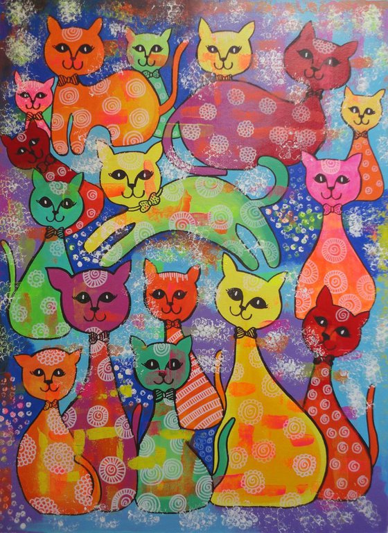 The Happy Cat Family! Large Painting on Canvas ! Cat Lovers Gift !!