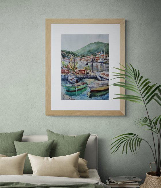 The beautiful port of Jelsa, Hvar | Original watercolor painting (2022) Hand-painted Art Small Artist | Mediterranean Europe Impressionistic