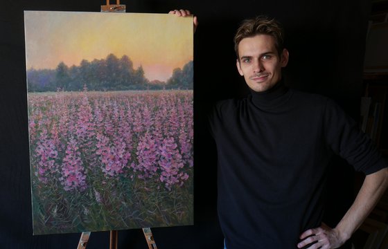 Sunset Over The Fireweed Field - summer painting landscape