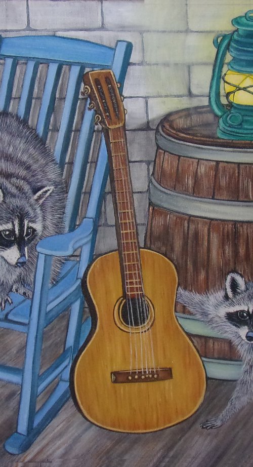 Three raccoon on a porch by Sofya Mikeworth