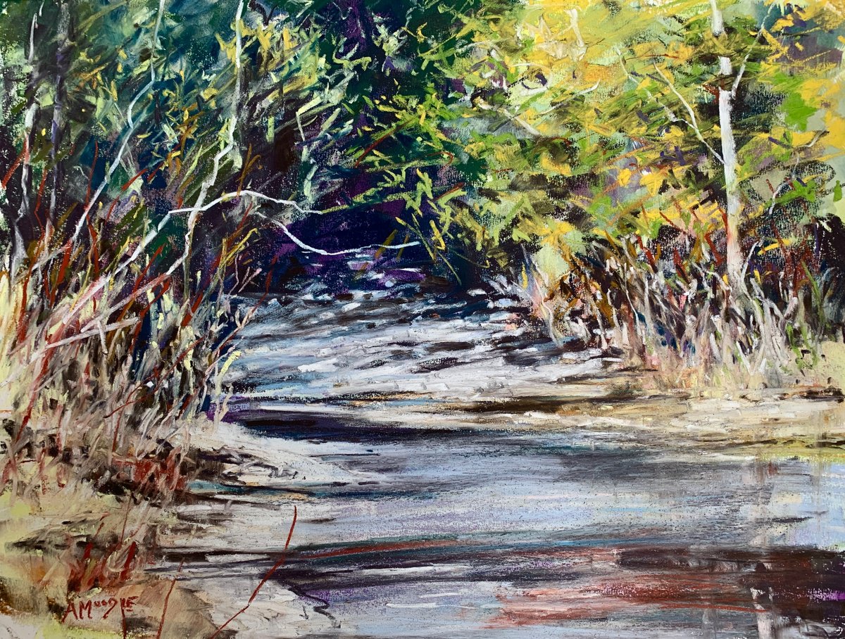 Impressionistic Landscape Pastel Drawing By Andrew Moodie, 16 X 12, Ice River, Original Artwork