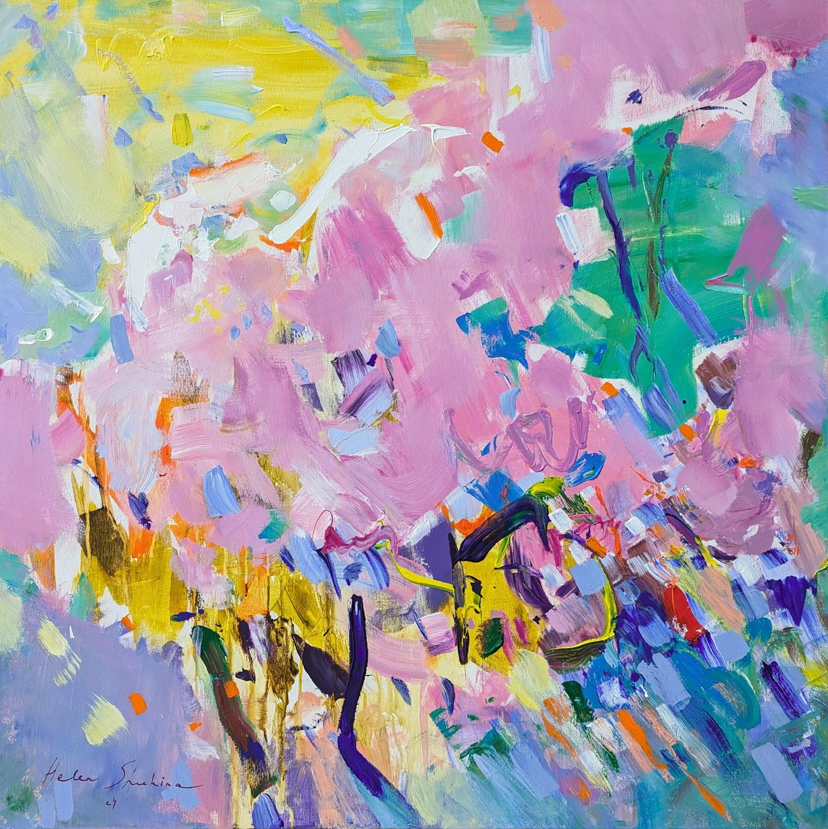 Organic Landscape Acrylic Painting By Helen Shukina, 39 X 39, Spring Garden , Sakura, Original Artwork