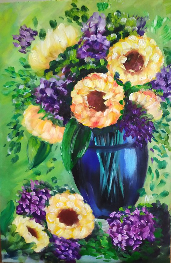 Flowers, impressionistic framed floral oil painting, gift idea, bedroom painting