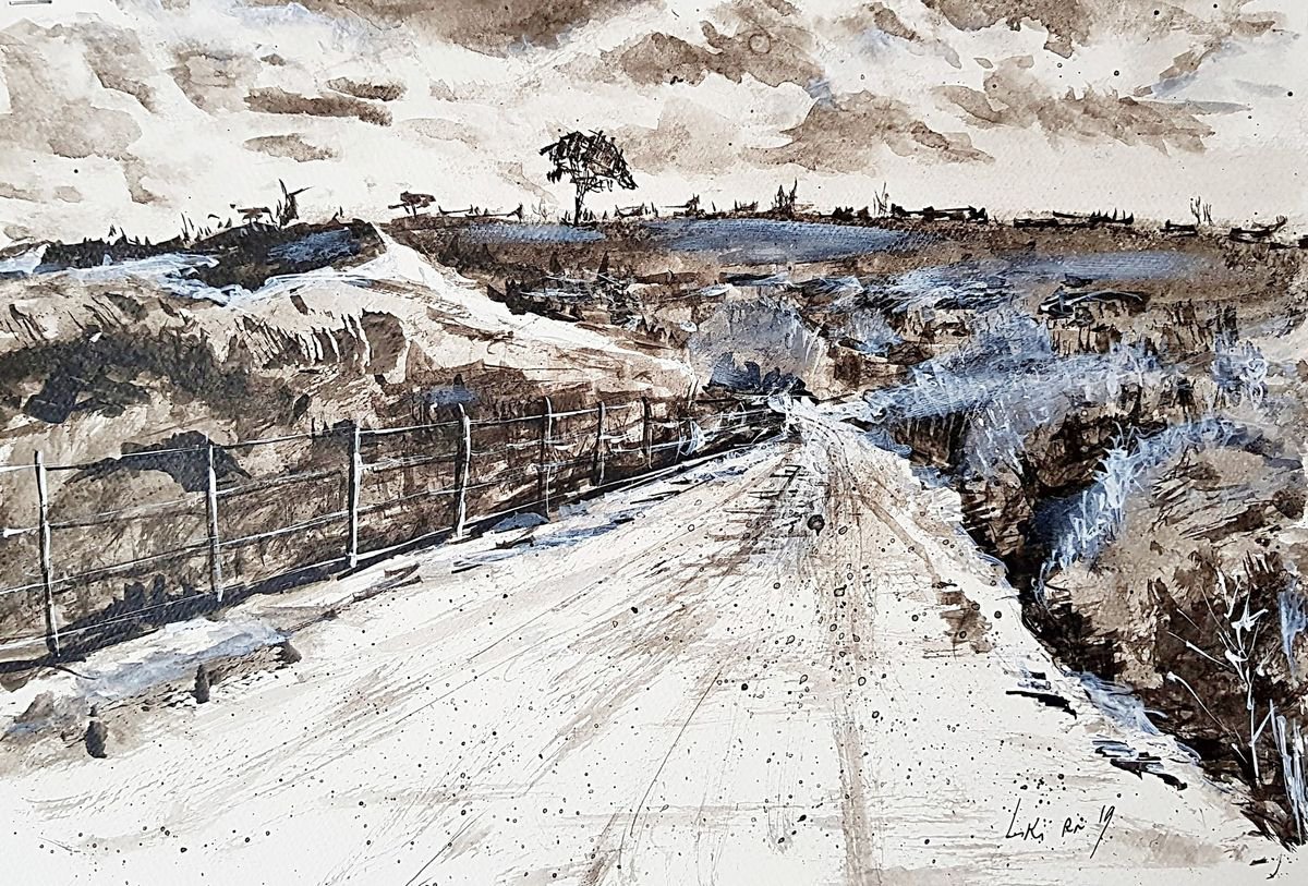 Impressionistic Landscape Ink Drawing By Leonid Kirnus, 13 X 9", Carmel Mountains, Original Artwork