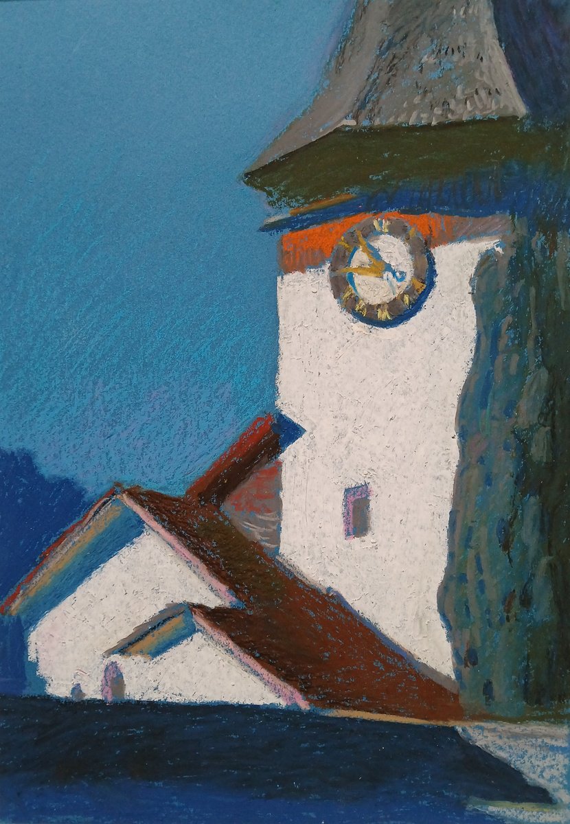 Graphic Cityscapes Pastel Drawing By Vasyl Koval, 13 X 17", The Church In Oberwil, Original Artwork