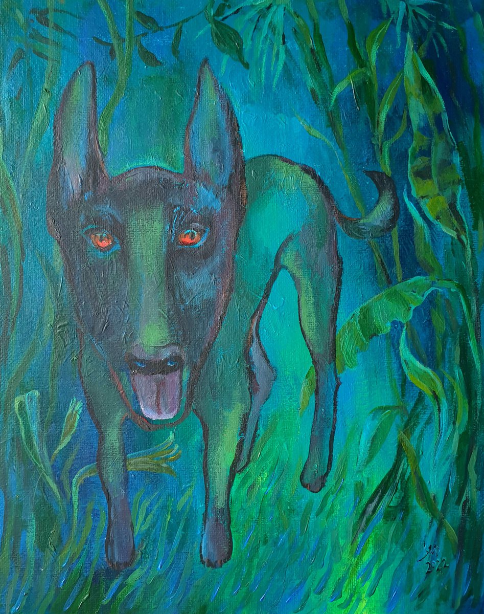 Surrealistic Animal Acrylic Painting By Ksenia June, 9 X 12", My Fears Appear At Night Dog Portrait, Original Artwork