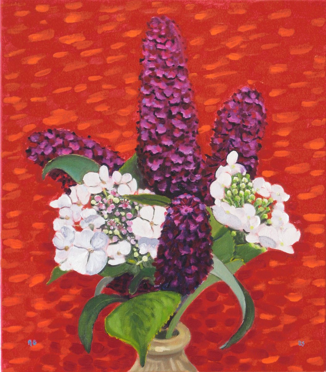Botanical Oil Painting By Richard Gibson, 14 X 16", Buddleia And Hydrangea, Original Artwork