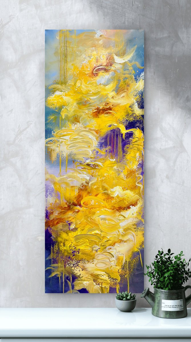 Abstract Acrylic Painting By Andrada Anghel, 18 X 48, Reflection Pond In Fall, Original Artwork