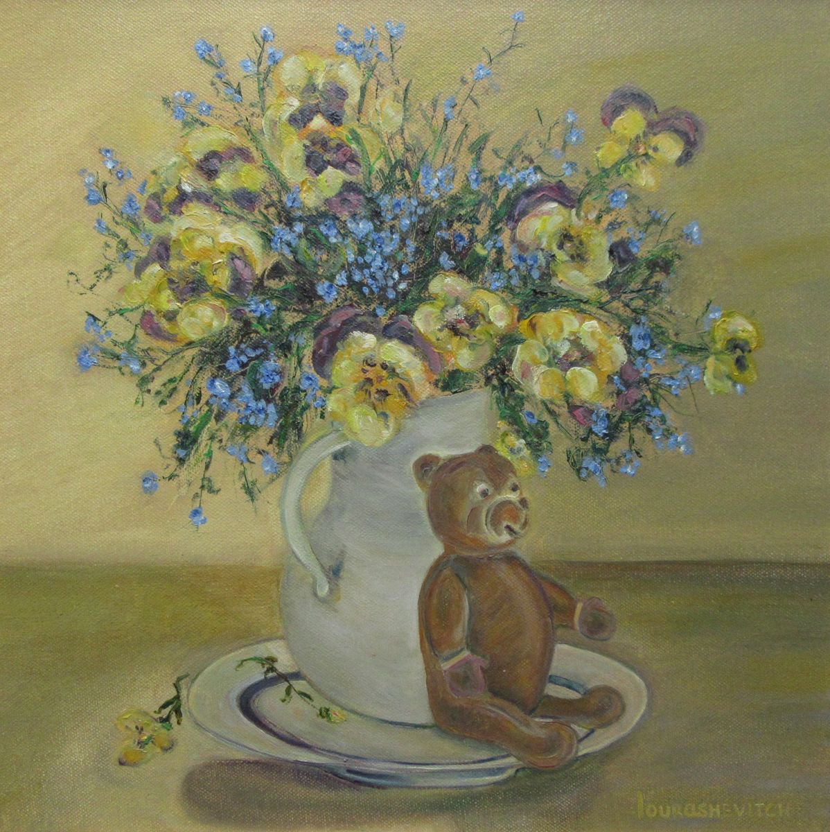 Pansies in a Jar Teddy Bear- Original Flowers Impressionism Oil on Canvas Painting Modern... by Katia Ricci