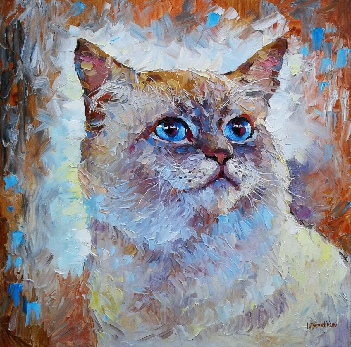 Animal Oil Painting By Vladimir Lutsevich, 17 X 17", Cat With Blue Eyes, Original Artwork