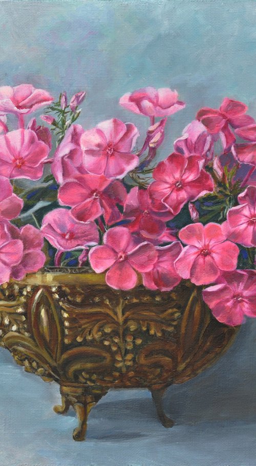 Phloxes in the bronze vase original oil painting by Marina Rogusheva