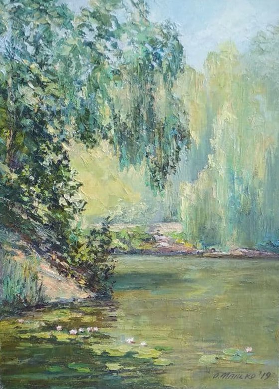 Old pond with lilies / Summer landscape in green tones. Original oil painting