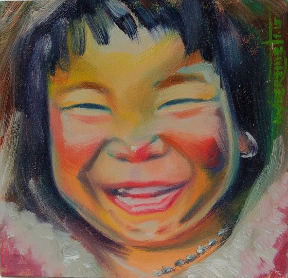 Siberian Boy Miniature Oil Portrait, Asian Kid Portrait, Oriental People Artwork