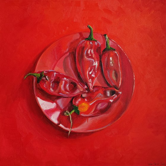 Fiery Red Still Life with Paprika on a Plate