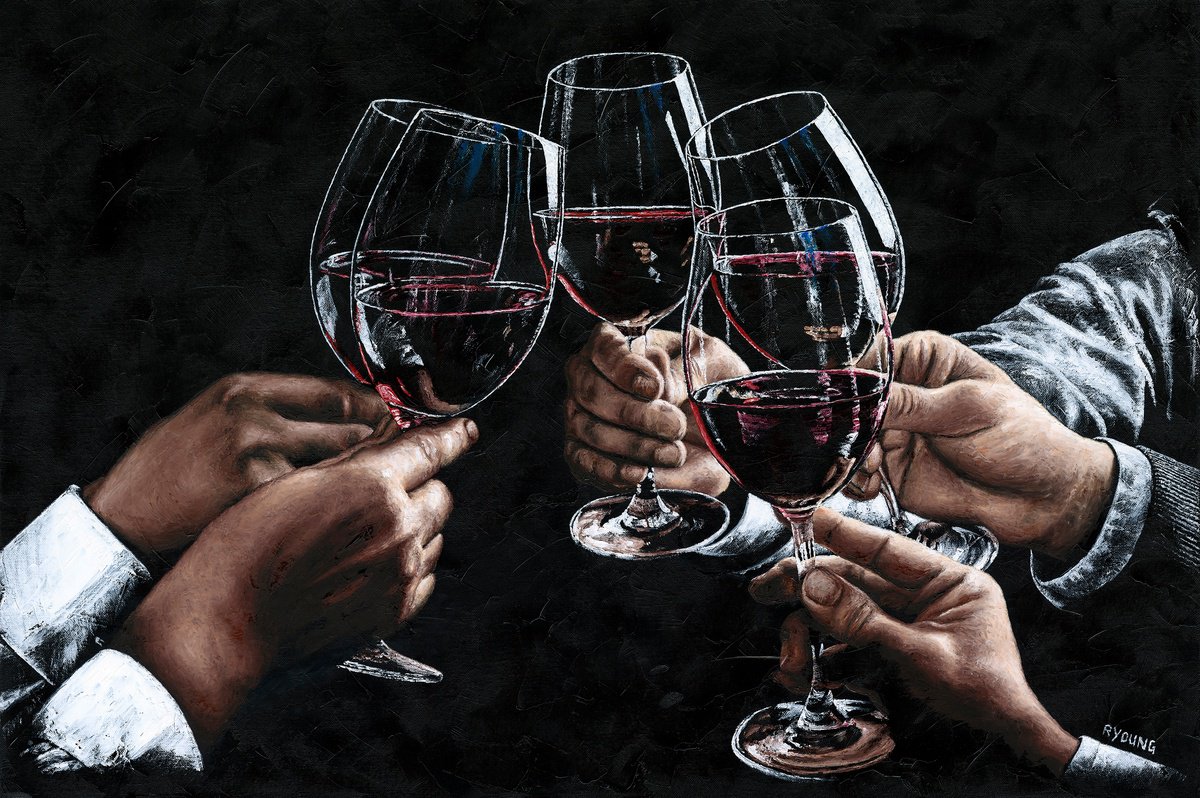 Photorealistic Portrait Oil Painting By Richard Young, 40 X 28", A Toast To Friendship, Original Artwork