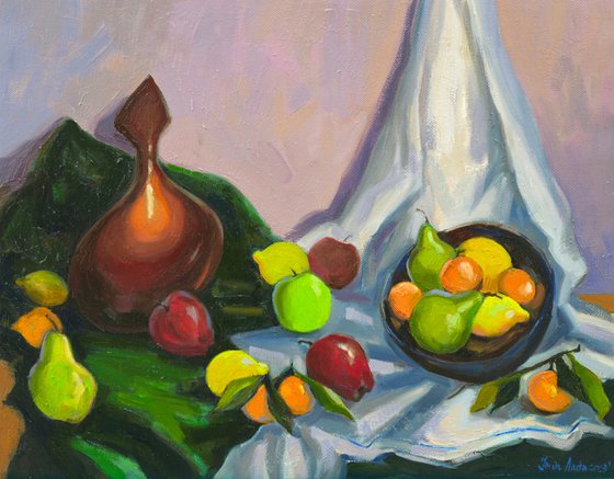Still life with fruits and pears