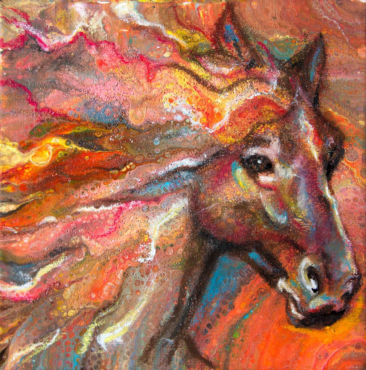 Fire Horse Original diptych mixed media miniature painting on canvas 40x20x,1,7cm.ready... by Elena Kraft