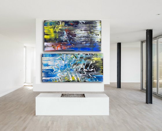 Soul Searching - Original PMS Abstract Acrylic Painting Diptych On Recycled Wood and Wooden Desk Panels - 55" x 54"