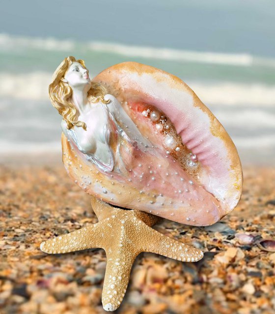 Original ceramic sculpture with pearls Ocean/Sea Goddess in a big shell. Fantasy woman art. Unique gift